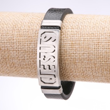 Pánský náramek Ježíš z ekokůže se širokou ocelovou deskou, tloušťka 14–16 mm, délka 20 cm