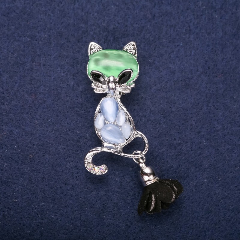 Brož Koťátko se modrým kamenem, kočičí oko, 58 × 17 mm, stříbrný kov s malým štětcem