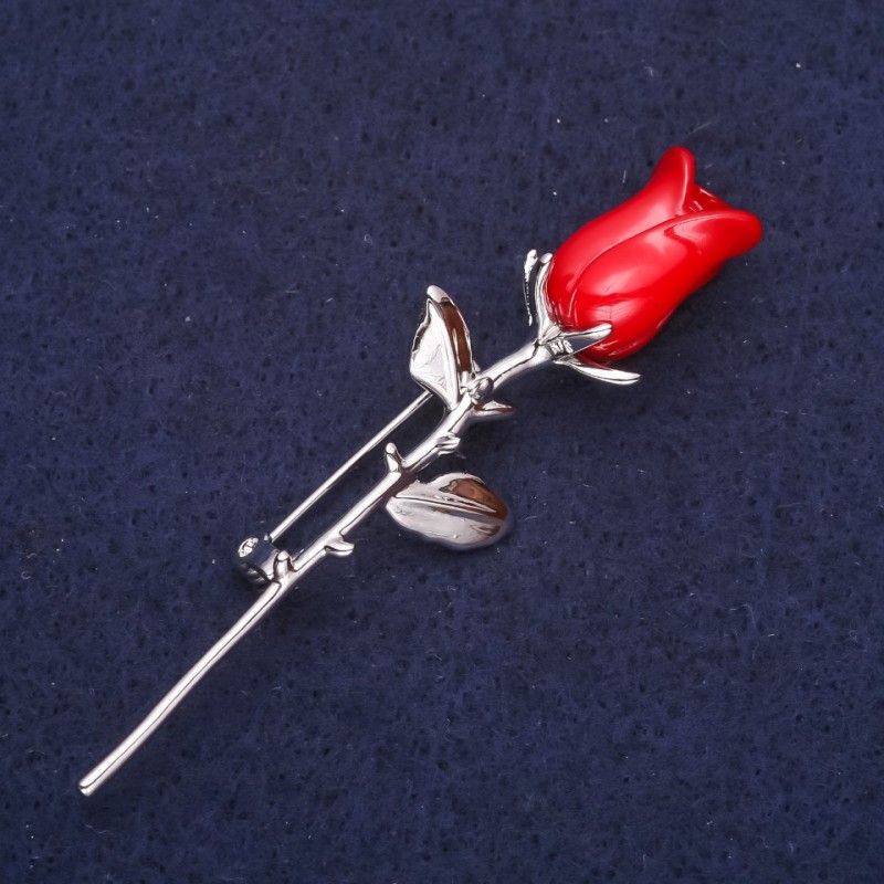 Brož Květina Růže, červená barva, 66×19 mm, stříbrný kov