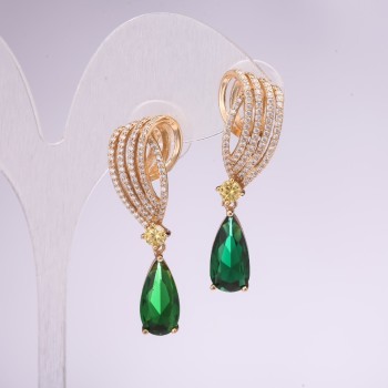 Náušnice večerní série 925 se zelenými kameny, 38×12 mm, zlatistý kov