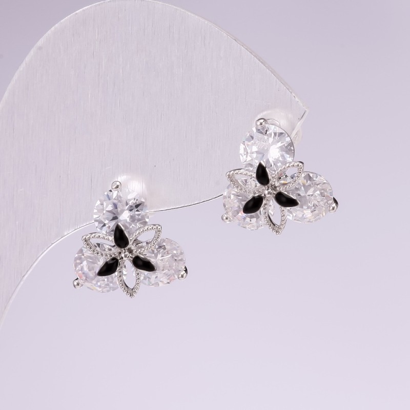 Peckové náušnice série 925, kameny bílé a černé, 13×13 mm, kov stříbrný, Korea