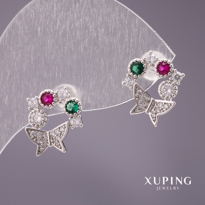 Náušnice Xuping pecky «Motýlky» se zirkony, barvy bílá, zelená a malinová, 13×12 mm, rhodiované