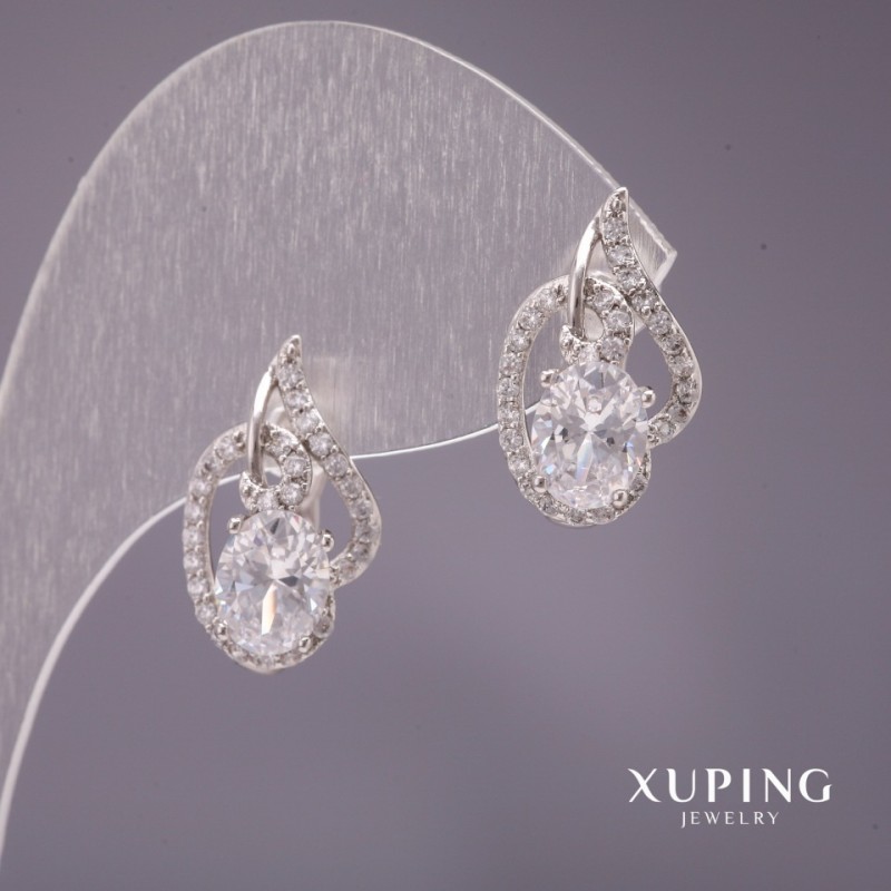 Náušnice Xuping s bílým kamenem, rhodiované, 18×11 mm
