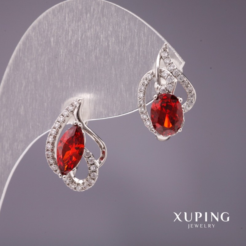 Náušnice Xuping asymetrie s kamenem červené barvy 18×11 mm, rhodiované