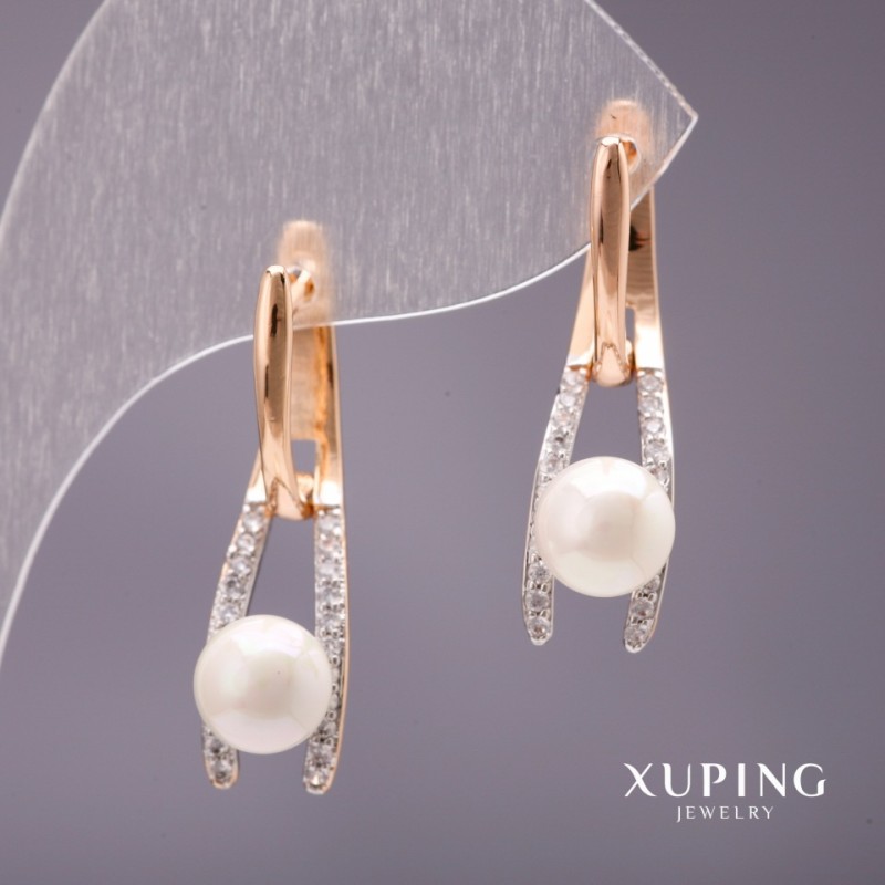 Náušnice Xuping s perlami Mallorca, bílá, 28×8 mm, pozlacené 18K