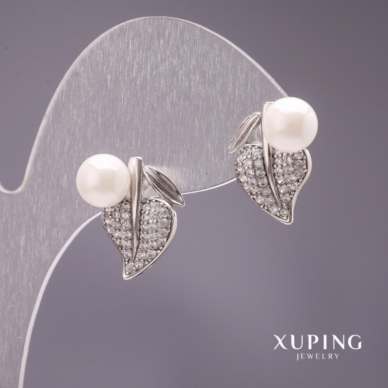 Náušnice Xuping Listy s perlami Mallorca, bílé, 17×13 mm, rhodiované