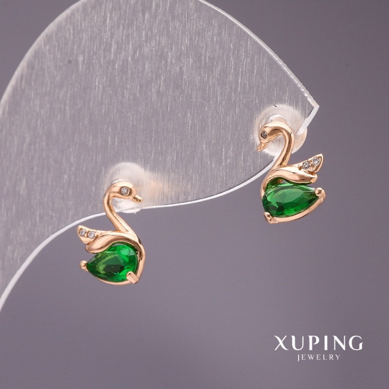 Náušnice Xuping peckové s labutěmi ze zeleného kamene, pozlacené 18K, velikost 10×7 mm