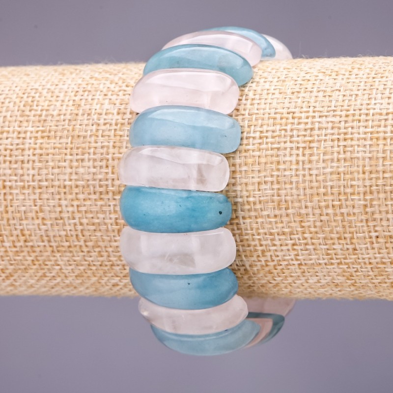 Náramek z akvamarínu a růžového křemene, články 25×10 mm, délka 18 cm na gumičce