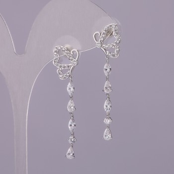 Peckové náušnice Motýlky s bílými krystaly, stříbrný kov, 11 × 40 mm