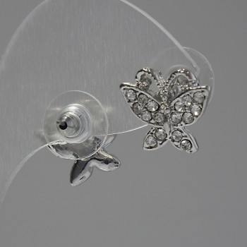 Náušnice pecky Motýlky, bílé štrasové kamínky, kov postříbřený, 1,5 cm
