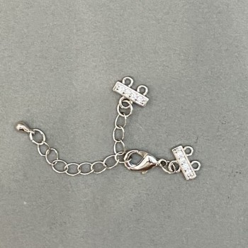 Zámek pro náramky a korálky na dvě nitě se štrasami a prodlužovacím řetízkem, stříbrný kov, průměr 9×12 mm, délka 5 cm