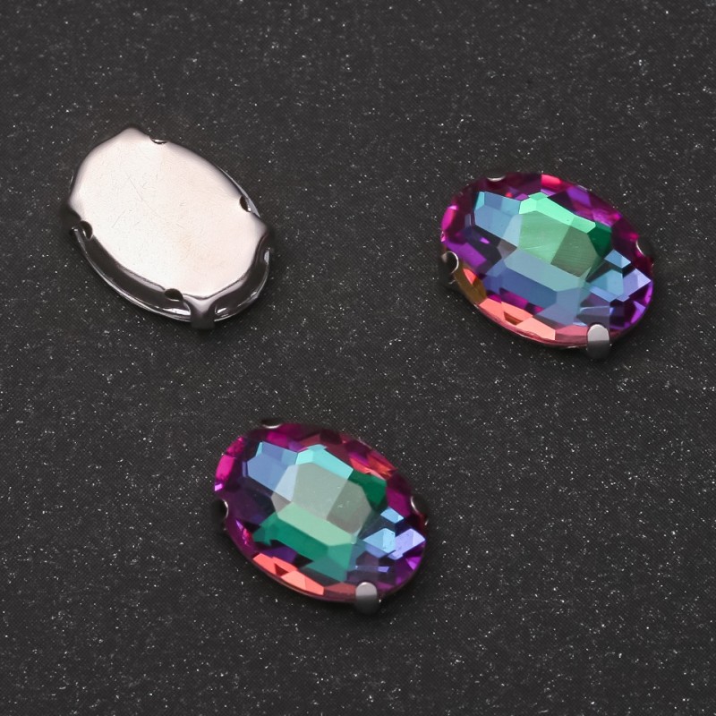 Cena za balení / 10 ks šitý krystal s čepem, oválný 10×14 mm zeleno-malinový