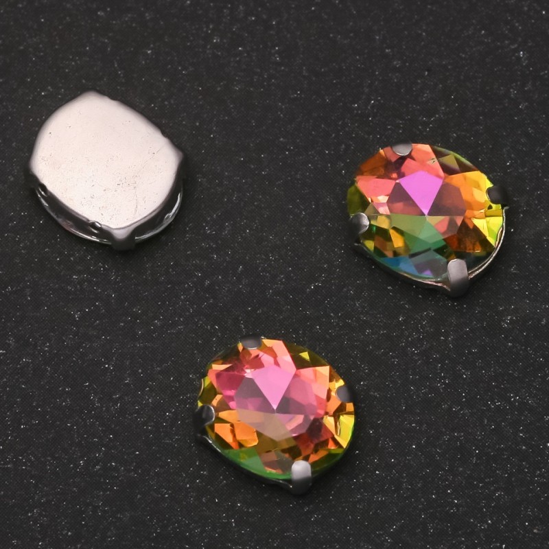 Přišitelný krystal v čepu oválný 10×12 mm, růžovo-zelený