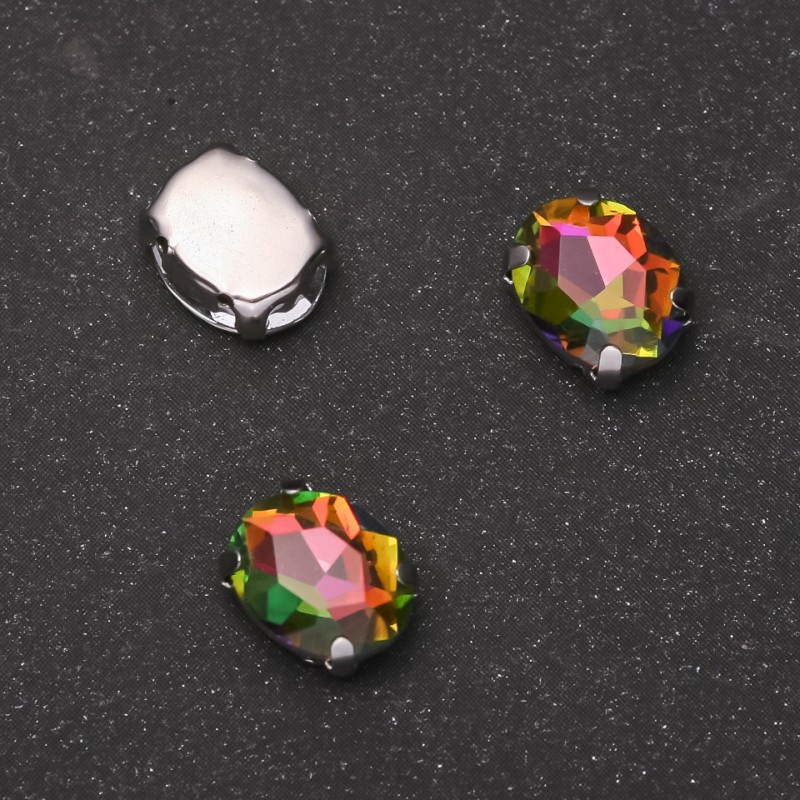 Přišitý krystal v čepu Ovál 8x10 mm, růžovo-zelený