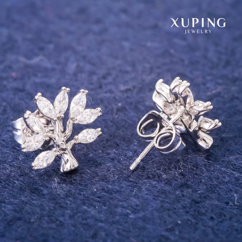 Náušnice pecky Xuping «Strom s bílými kameny» 12×13 mm rhodiované