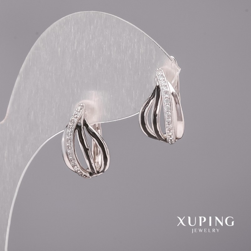 Náušnice Xuping s bílými kameny a černým smaltem, 10×16 mm