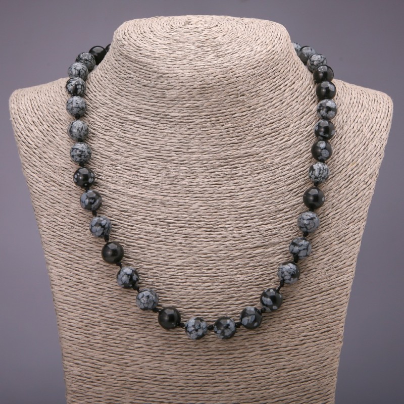 Náhrdelník z přírodního kamene Sněžný obsidián Slzy Apačů hladká kulička, průměr 10 mm (±), délka 50 cm