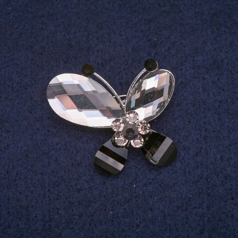 Brož Motýl s krystaly, stříbrný kov 32×32 mm