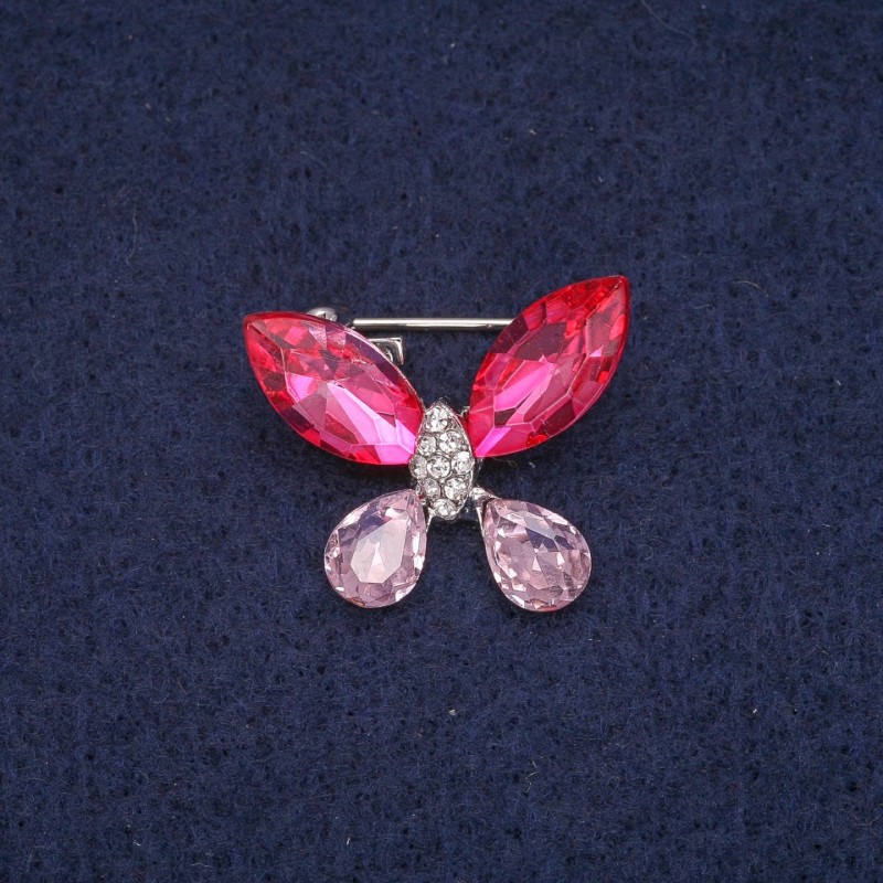 Brož motýl s krystaly, stříbrný kov, 20×23 mm
