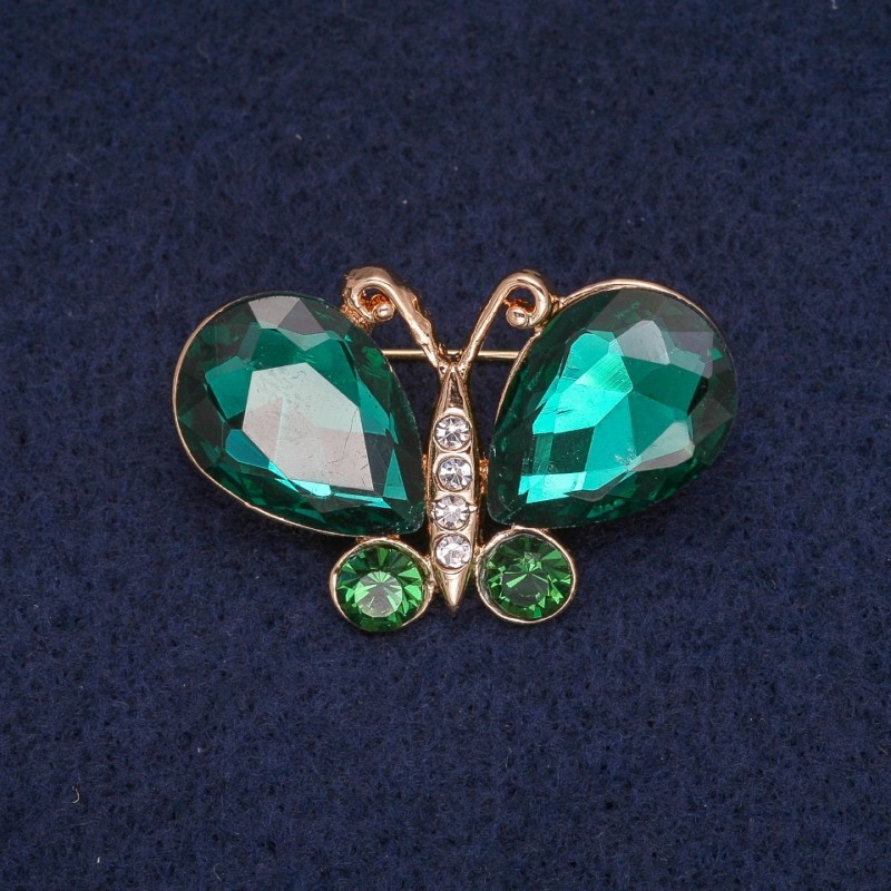 Brož motýl se zelenými a bílými krystaly, zlatý kov 23×34 mm