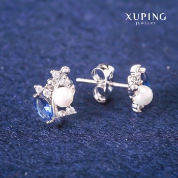Náušnice pecky Xuping se modrými krystaly a perlami Mallorca, průměr 8×13 mm, rhodiované
