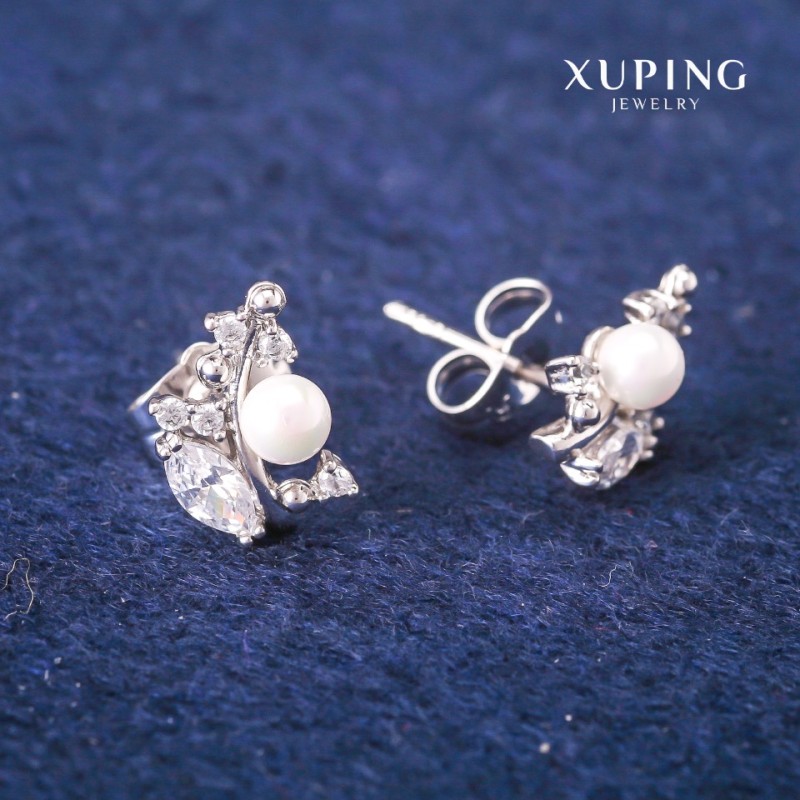 Náušnice peckové Xuping s perlou Majorca a krystaly, průměr 8×13 mm, rhodiované