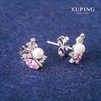Náušnice pecky Xuping s růžovými krystaly a perlou Majorka, průměr 8×13 mm, rhodiované