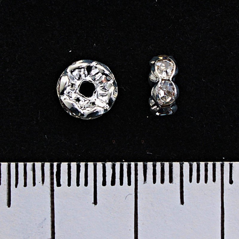 Rozdělovací rondel se štrasami, barva kovu stříbrná, 7 mm, 100 ks / balení