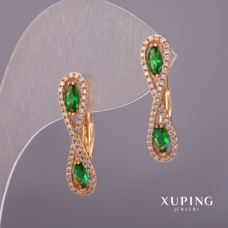 Náušnice Xuping se bílými štrasami a zelenými kameny 6×25 mm Pozlacení 18K
