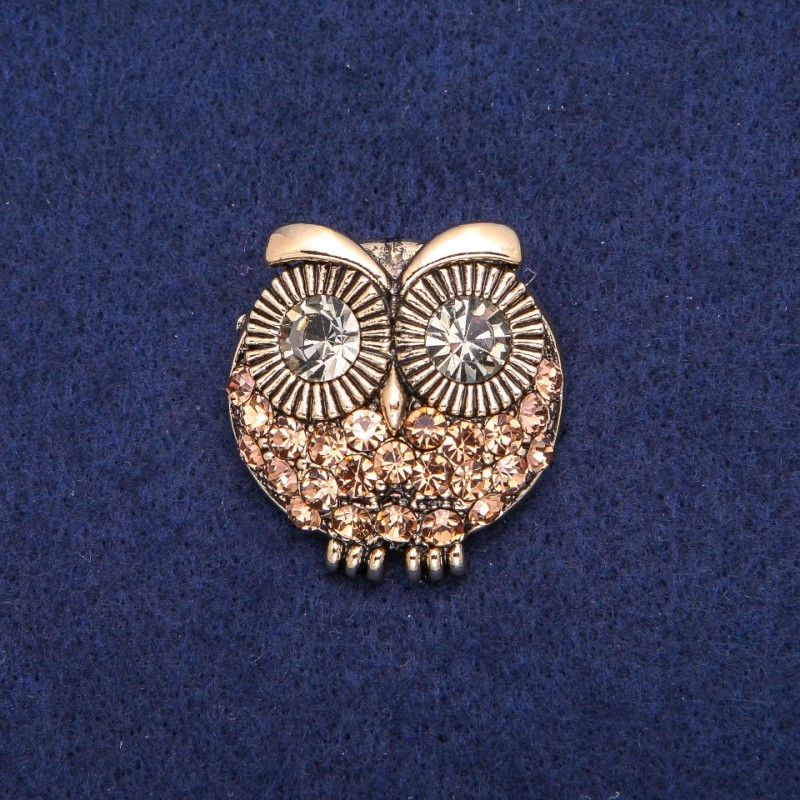 Brož Sova se žlutými krystaly, zlatavý kov 32×33 mm