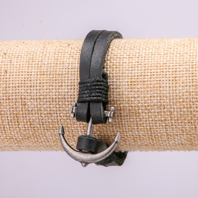 Náramek Kotva s kovovými vložkami, délka 21 cm, tloušťka 10 mm, eko kůže černá