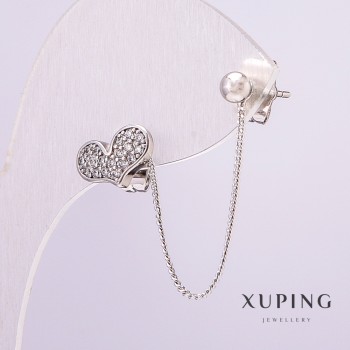 Náušnice Xuping rhodiované na jedno ucho srdce 11×7 mm se bílými krystaly na řetízku, délka 44 mm, kulička 4 mm +