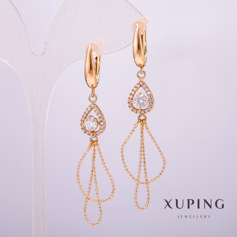 Náušnice Xuping – pozlacení 18K, kapkovité s bílými kameny a štrasami, 9×12 mm, délka náušnic 64 mm +