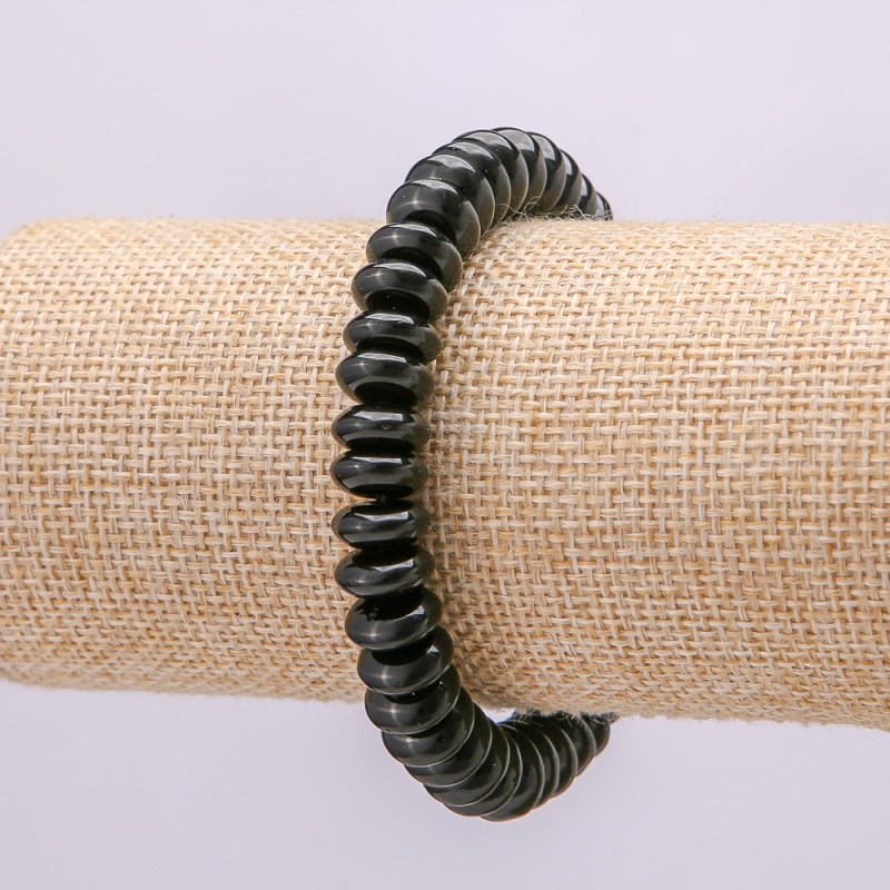 Náramek z černého achátu, přírodní kámen, hladké rondely, průměr 10×4,5 mm, délka 18 cm, elastický