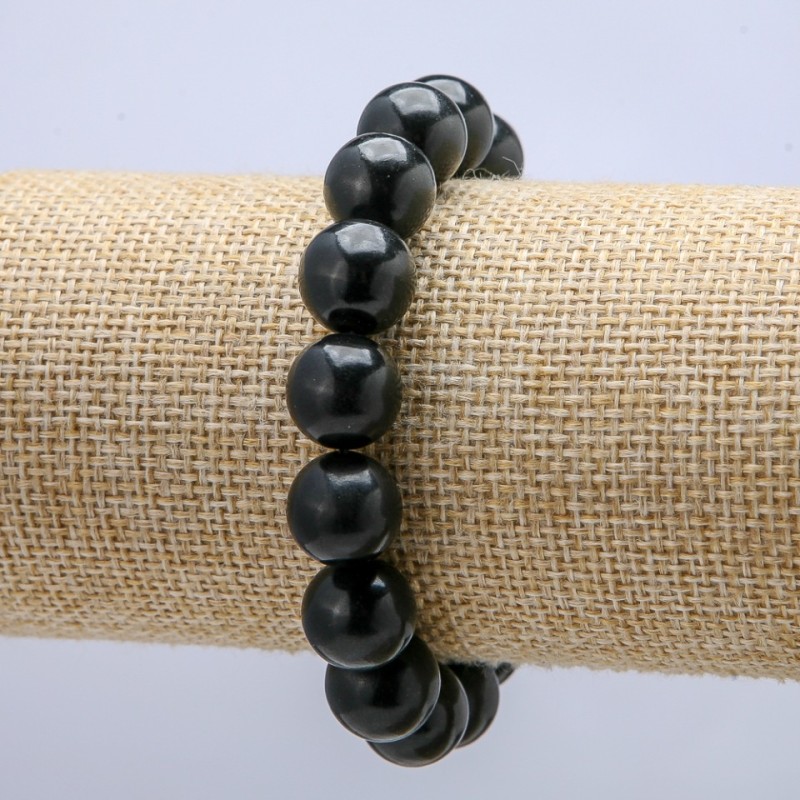 Náramek na gumičce z přírodního kamene, hladká korálka šungit, průměr 12 mm, délka 18 cm +