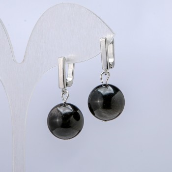 Náušnice ze stříbřitého obsidiánu, průměr 14 mm, délka 32 mm.