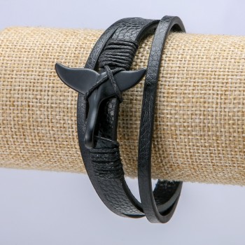 Pánský náramek «Ocas» z černé ekokože, tloušťka 9 mm, černé vložky, délka 22 cm