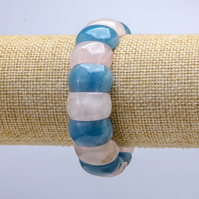 Náramek na gumičce z přírodních kamenů – růžový křemen a akvamarín, hladké články 20×12 mm+