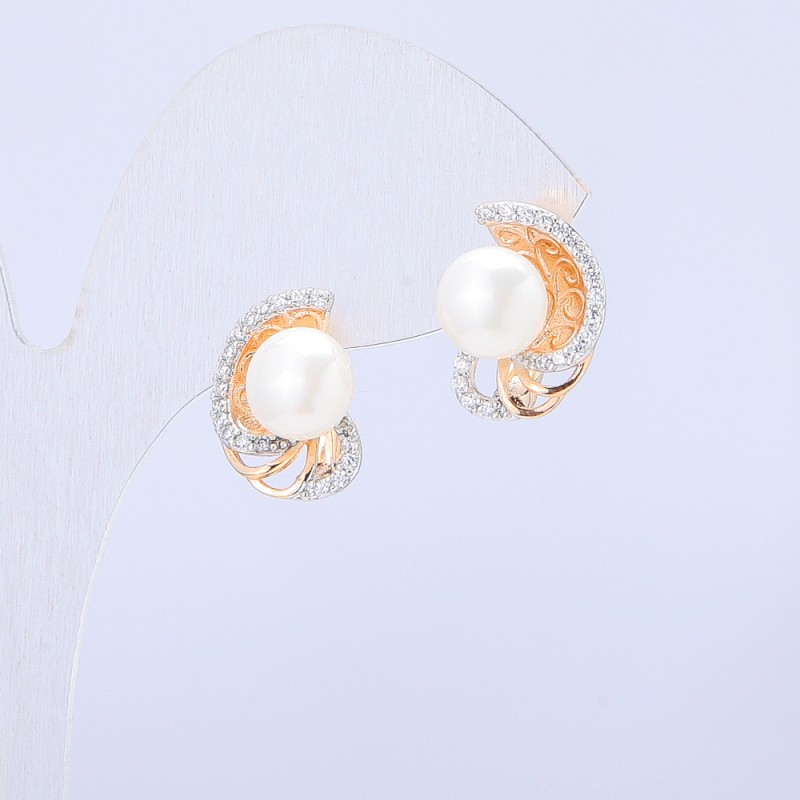 Náušnice Xuping s 18K pozlacením a bílými krystaly a perlami Mallorca, průměr 15×11 mm