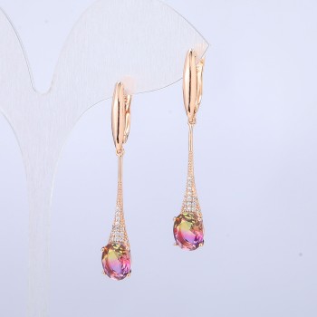 Náušnice Xuping s pozlacením 18K se salátově-malinovými krystaly Swarovski a bílými štrasovými kameny, délka 46 mm +