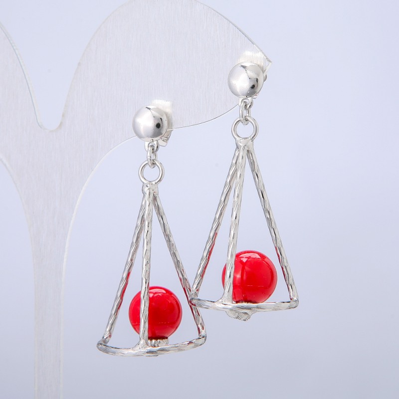 Náušnice puzetové Xuping rhodiované s červenou korálkou, průměr 42×20 mm +