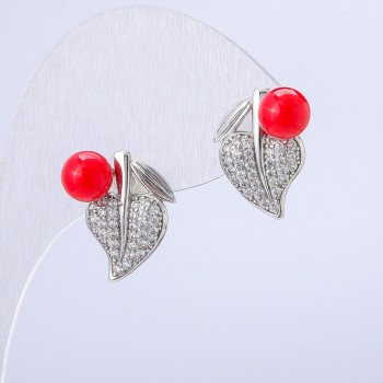 Náušnice Xuping rhodiované s červenou korálkou a bílými kamínky, rozměr 17 × 12 mm +