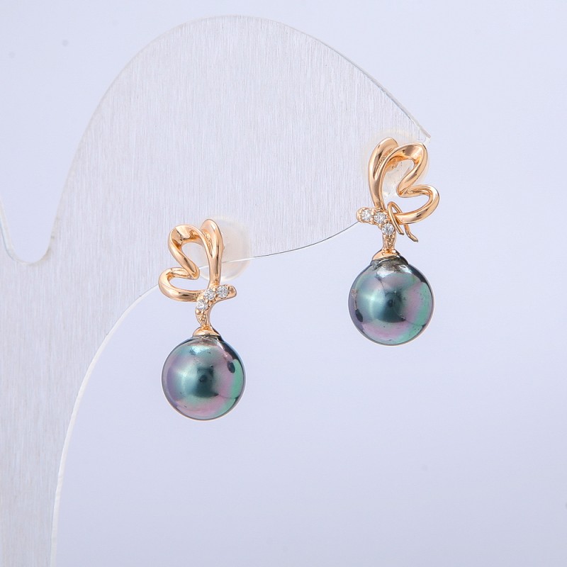 Náušnice Xuping pozlacení 18K s bílými štrasovými kamínky a černou benzínovou korálkou, průměr 19×8 mm +