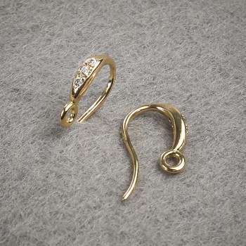 Háčky na náušnice se bílými štrasami, žlutý kov 14×2,5 mm, pár