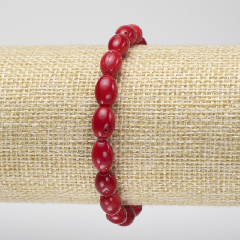 Náramek z přírodního korálu, oválné korálky 11×6 mm, délka 18 cm, elastický
