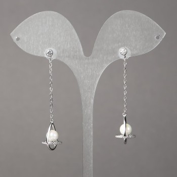 Náušnice Xuping rhodiované s bílými štrasovými kamínky a korálkami 15×11 mm, délka 50 mm, tloušťka 1,1 mm