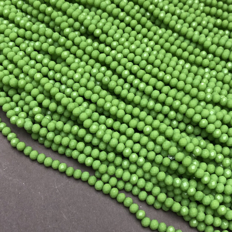 Korálky na niti – Český křišťál, limetkové matné rondely, průměr 3,5×3 mm, délka 36–38 cm