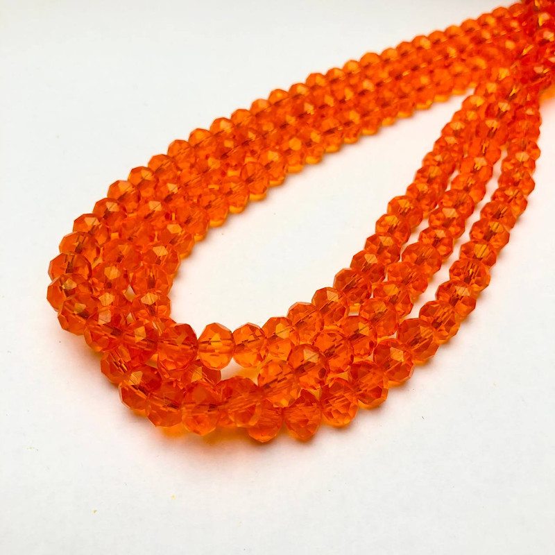 Korálky českého křišťálu na niti červenooranžové průhledné broušené rondely, průměr 8×6 mm, délka 40–42 cm
