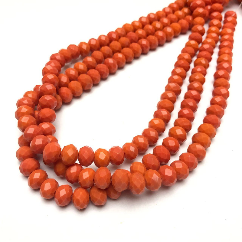 Korálky českého křišťálu na šňůrce, mrkvově-oranžové matně broušené rondely, průměr 8×6 mm + -, délka 40–42 cm +
