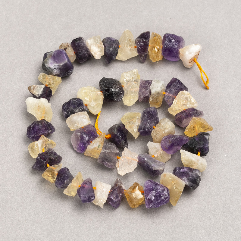 Čipové korálky z nerafinovaného kamene – ametyst a citrín, mix, průměr 13×8 mm (±), délka 41 cm